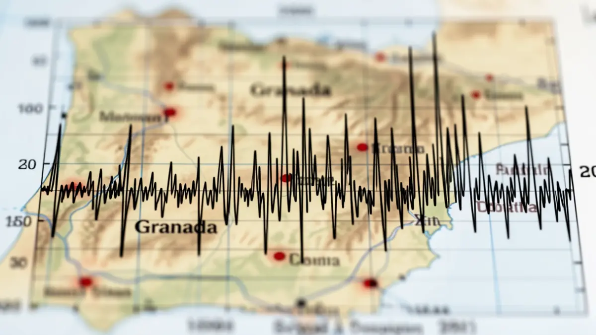 Gráfico de actividad sísmica intensa con un mapa de epicentros en el sur de Granada.