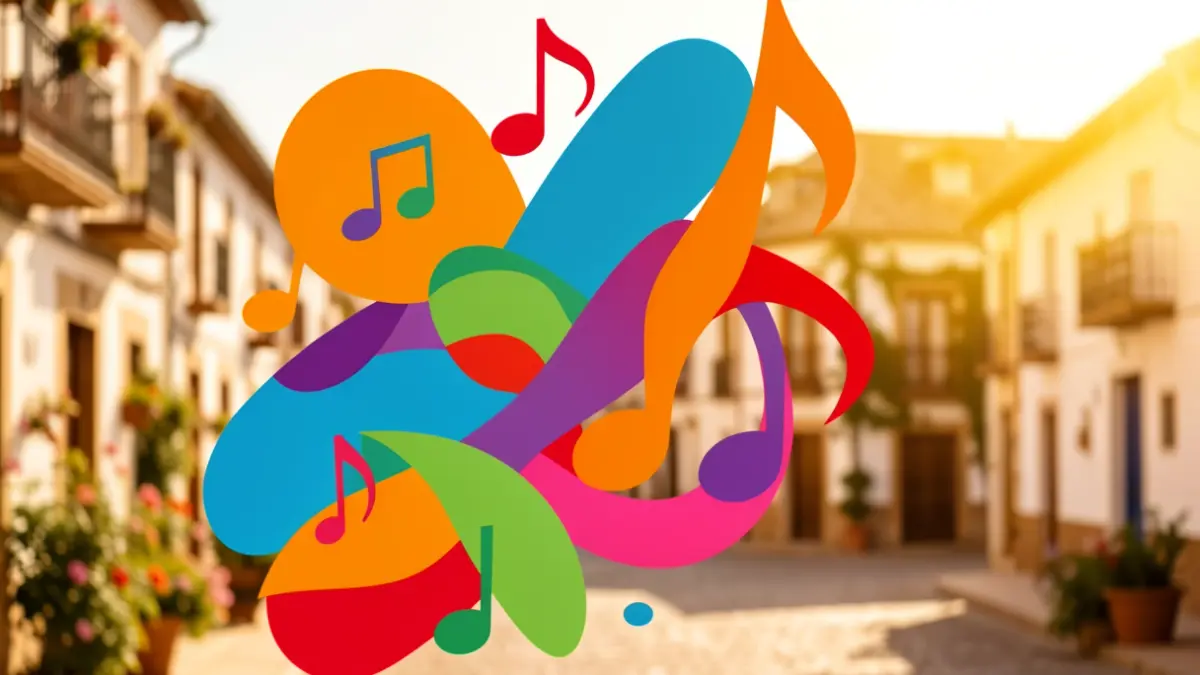 Generic poster of a summer music festival in Andalusia with abstract shapes and musical notes.