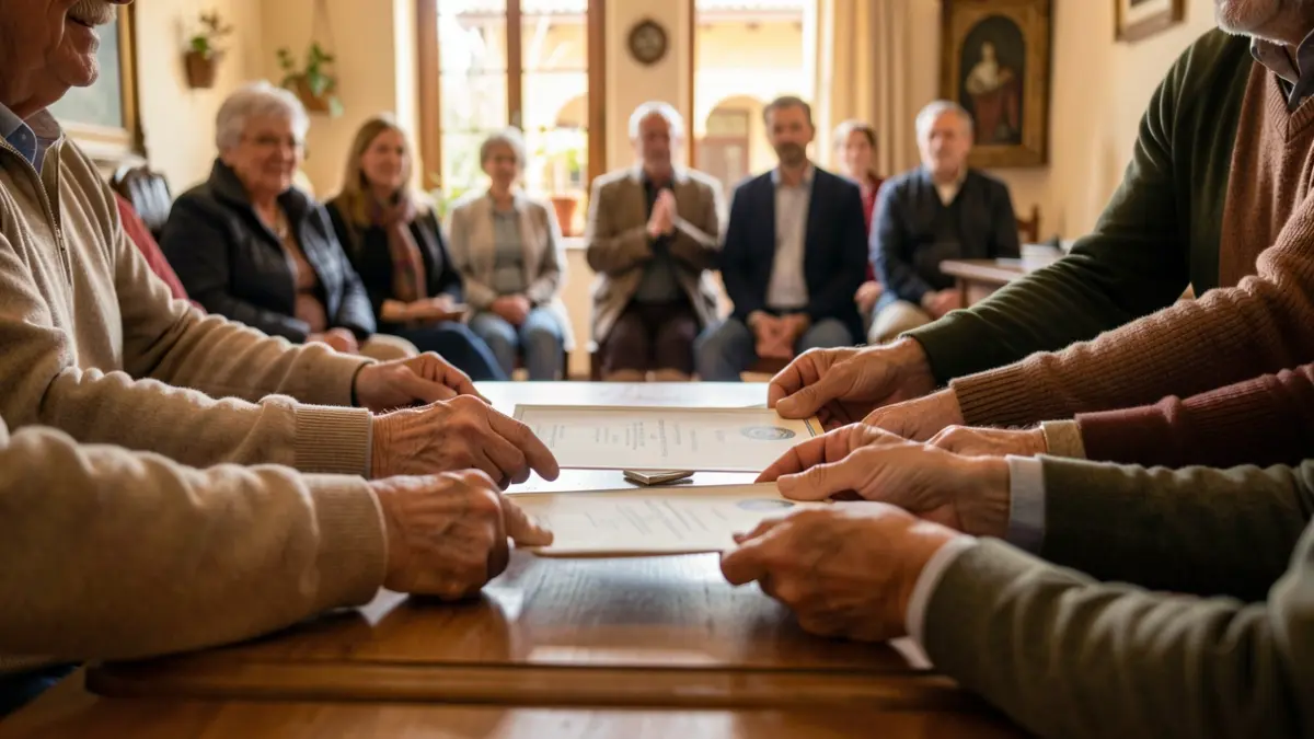 Imagen genérica de un acto de entrega de diplomas en un centro comunitario andaluz, con manos sosteniendo certificados y luz natural.