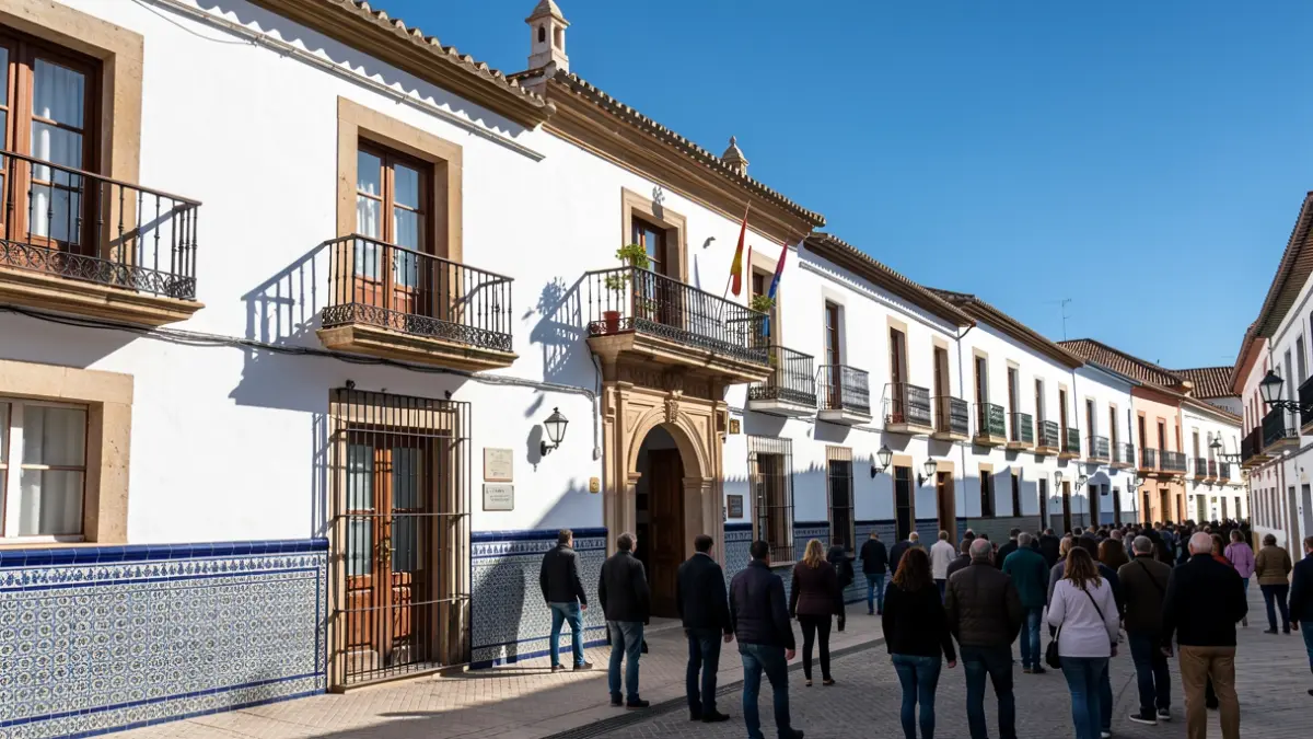 Fachada de un ayuntamiento andaluz con azulejos y luz solar intensa.