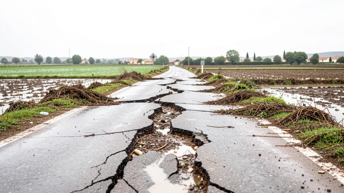 Camino rural dañado por inundaciones en Andalucía.