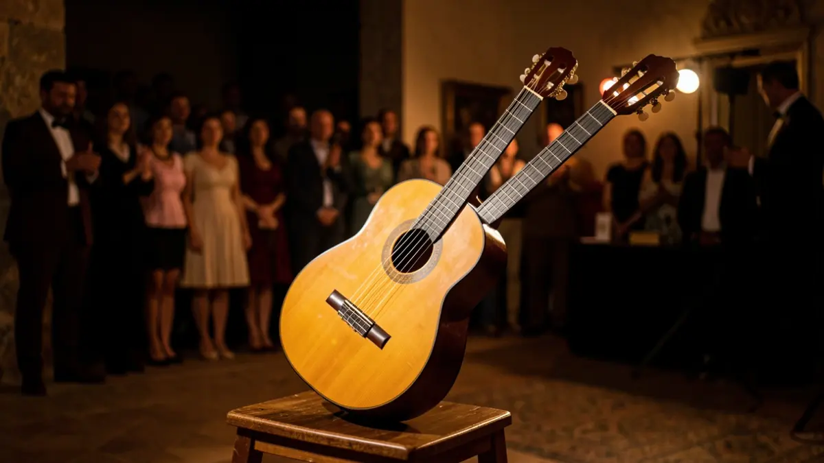 Flamenco guitar on a stool on a stage with dim lighting.