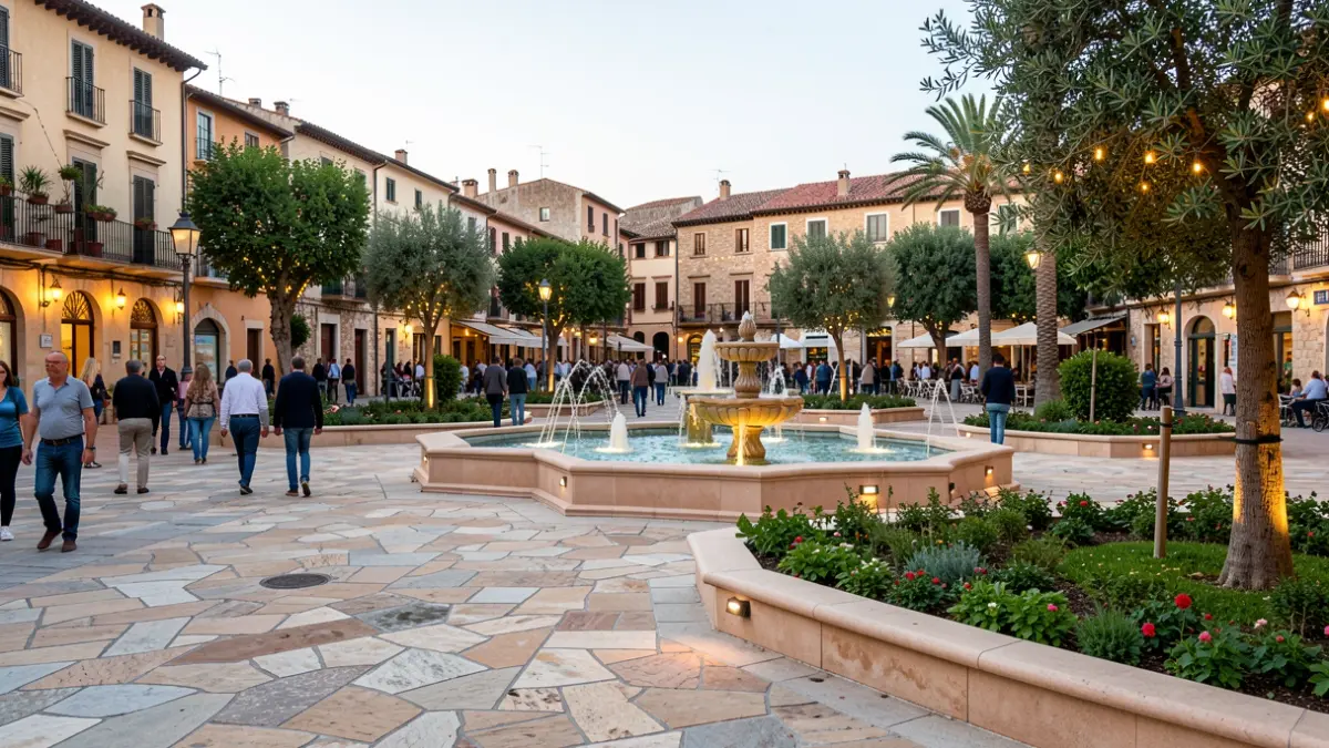 Generic image of a remodeled public square in a Mediterranean coastal town with fountains and green areas.