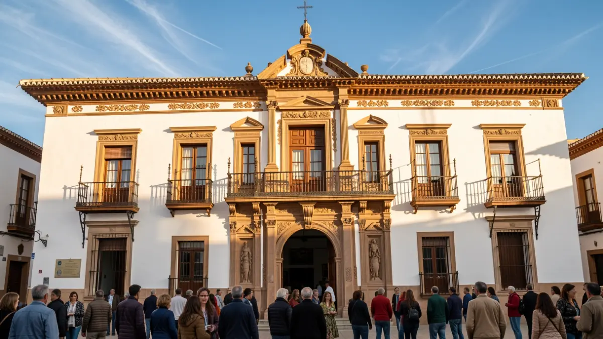Facade of an Andalusian town hall with ornate balconies and white walls, under the afternoon sunlight.