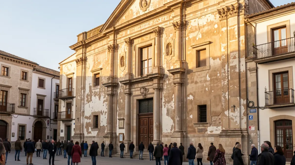 Facade of a historic monument in an Andalusian square showing signs of wear.