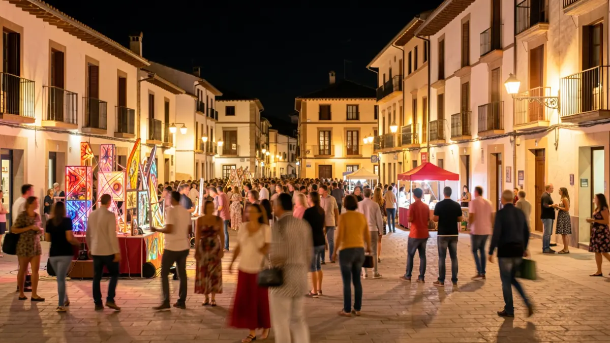 Imagen genérica de una plaza de pueblo andaluz por la noche durante una fiesta cultural.