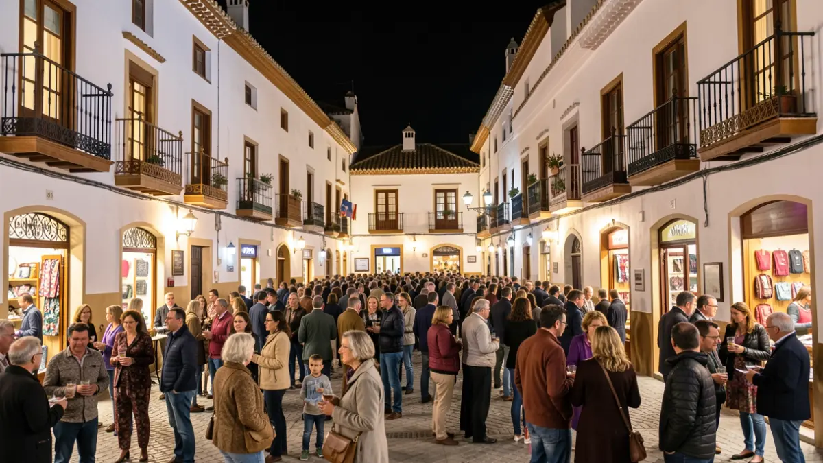 Generic image of a shopping night in an Andalusian square with people and illuminated shops.