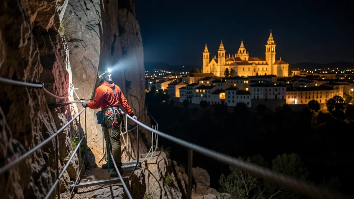 Vía ferrata nocturna en Jaén con vistas a la ciudad iluminada.
