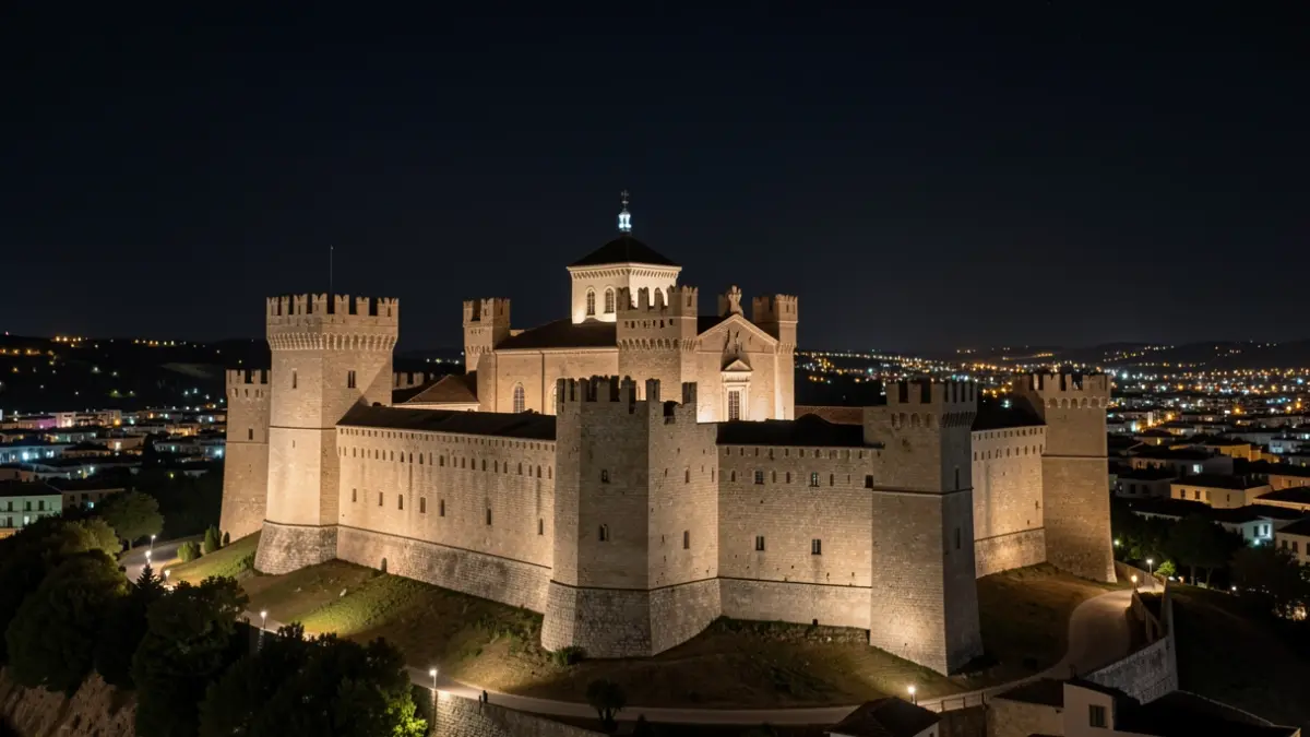 Vista nocturna del Castillo de Santa Catalina en Jaén con la ciudad iluminada al fondo.