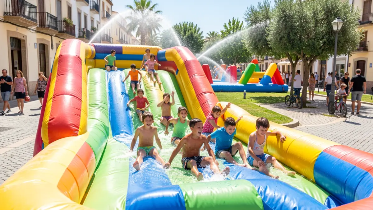 Children and young people enjoying a water slide set up on a street in Ronda.