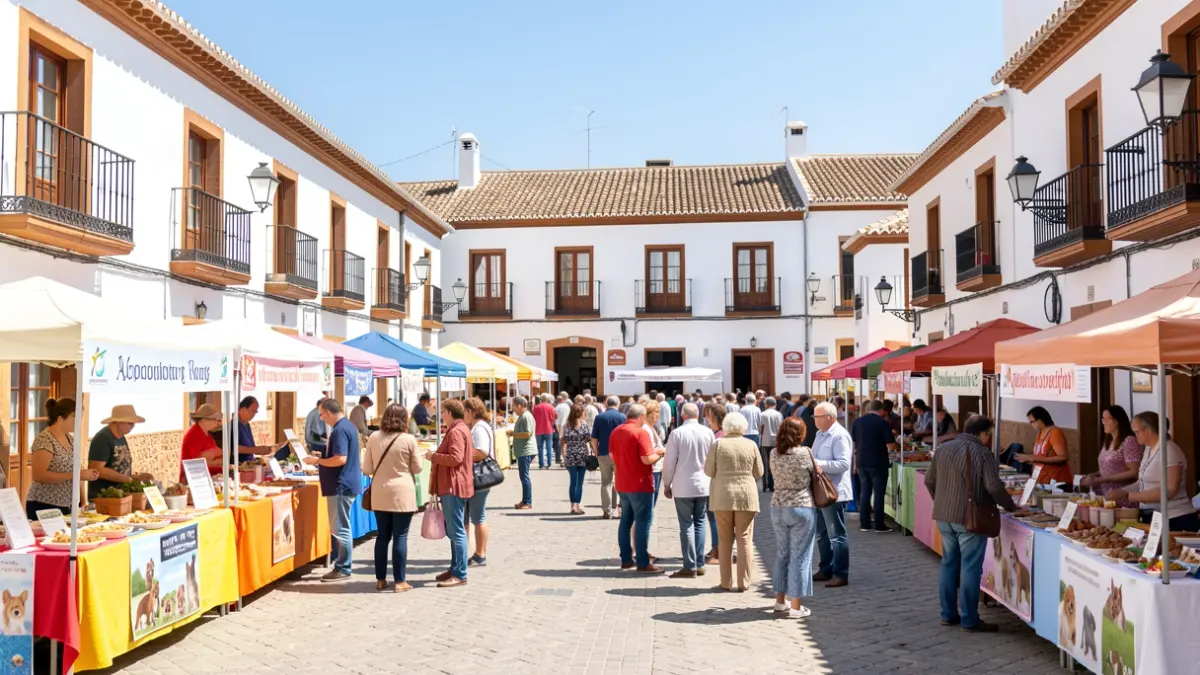 Generic image of an adoption fair in an Andalusian square with stalls and people.