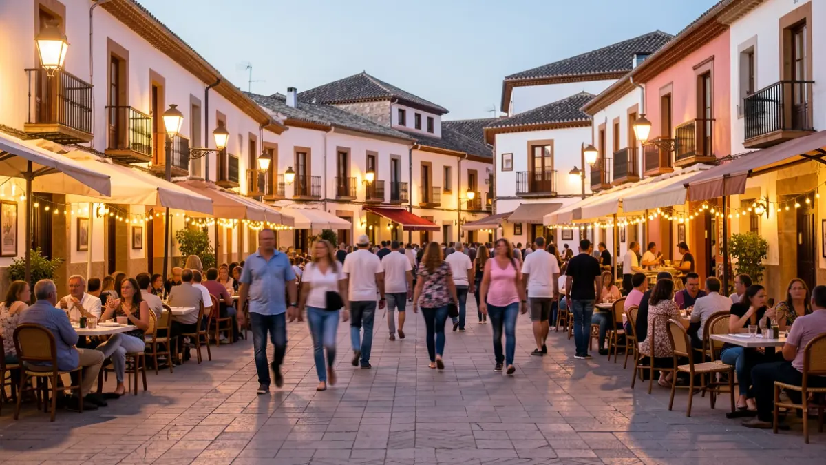 Imagen genérica de una plaza de pueblo andaluz animada por la noche.