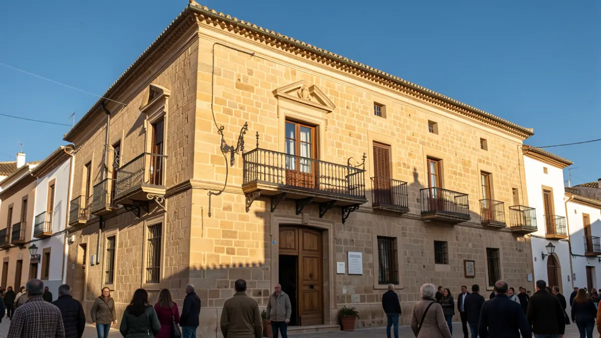 Fachada de un ayuntamiento tradicional de piedra en Andalucía, con balcón y barandillas de hierro, bajo la luz del sol de la tarde.