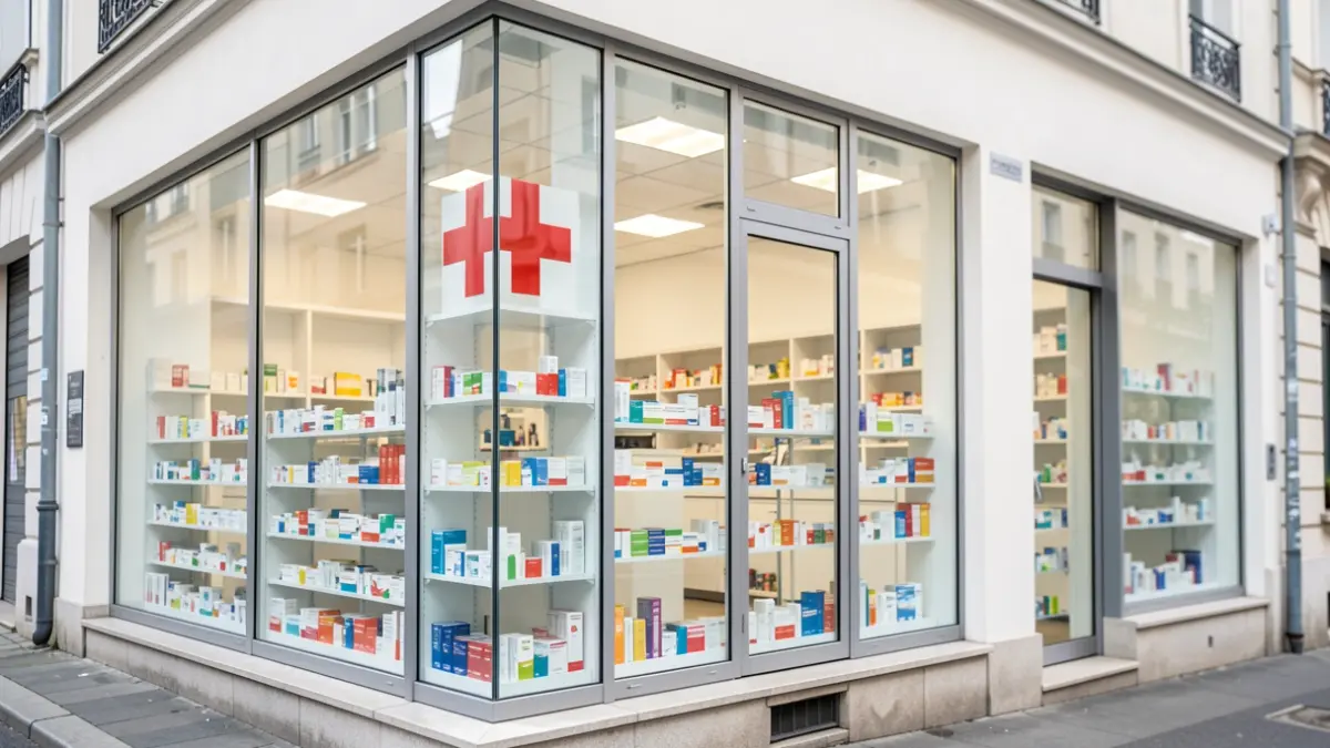 Farmacia moderna con medicamentos visibles y símbolo de cruz roja.