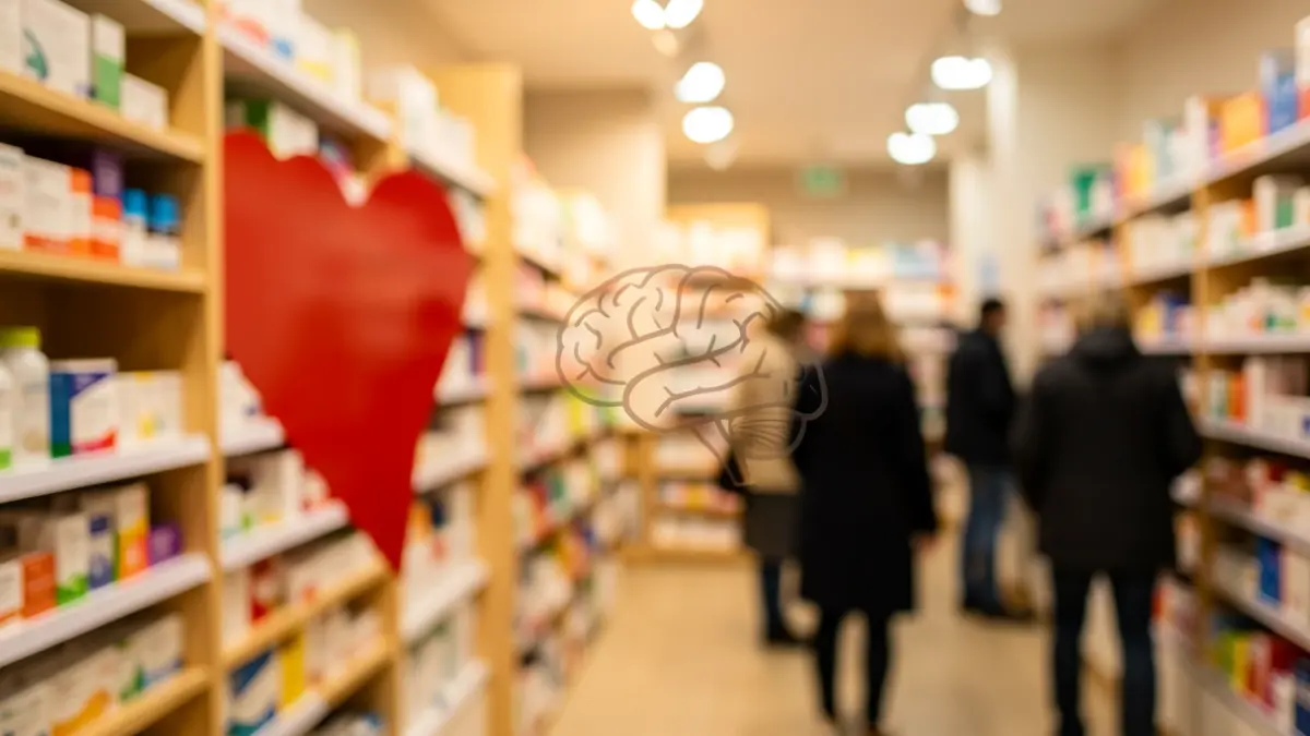 Imagen genérica de una farmacia con símbolos de corazón y cerebro.