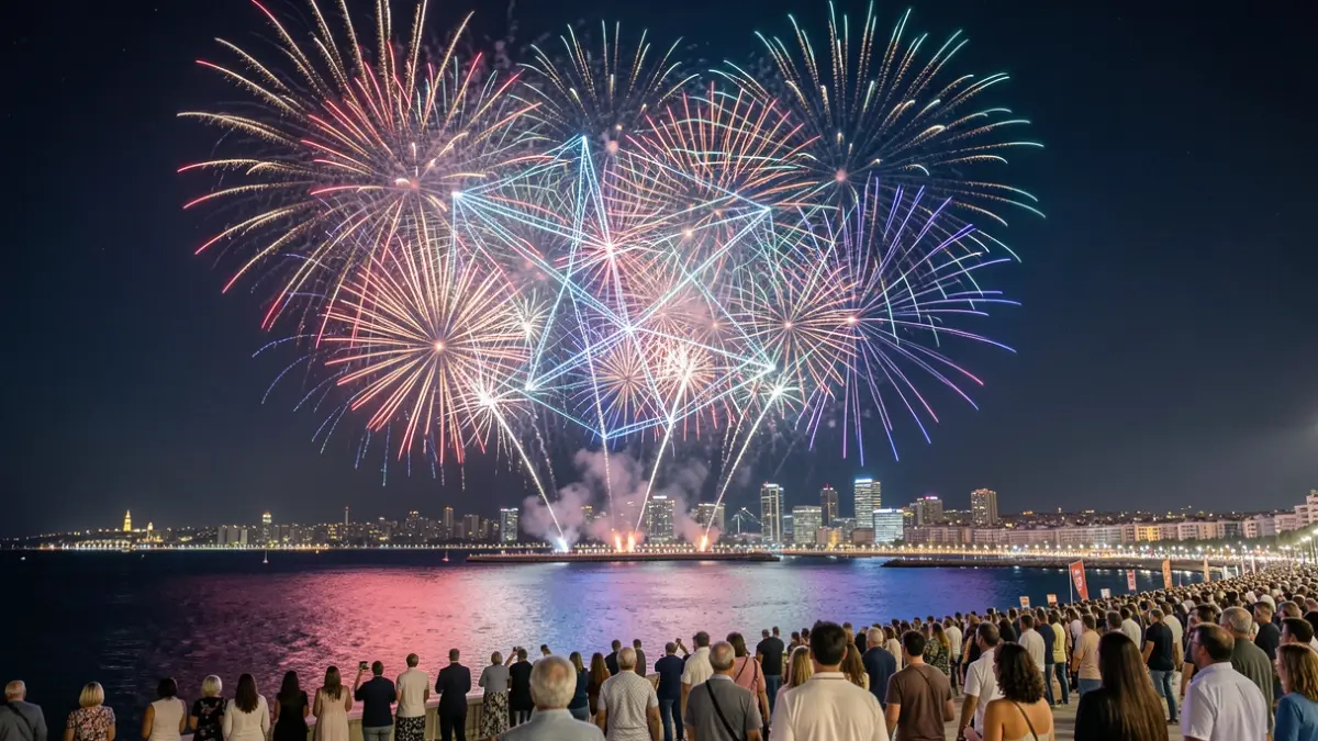 Espectáculo de fuegos artificiales y drones sobre la bahía de Málaga durante la Feria.