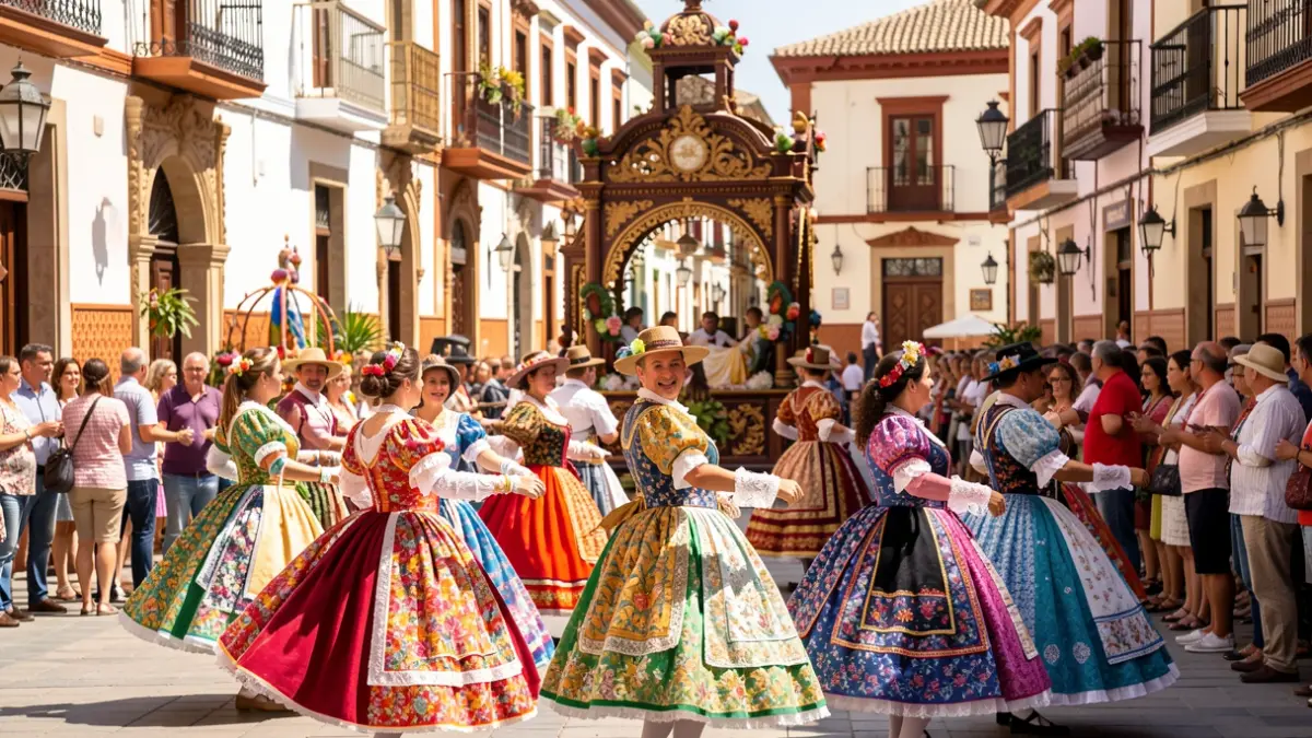 Image of the Feria de Málaga with Verdiales dancers in the street.
