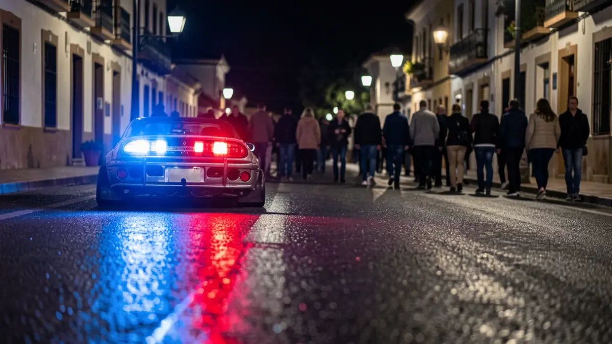 Imagen genérica de luces de emergencia policiales reflejando en asfalto mojado por la noche.