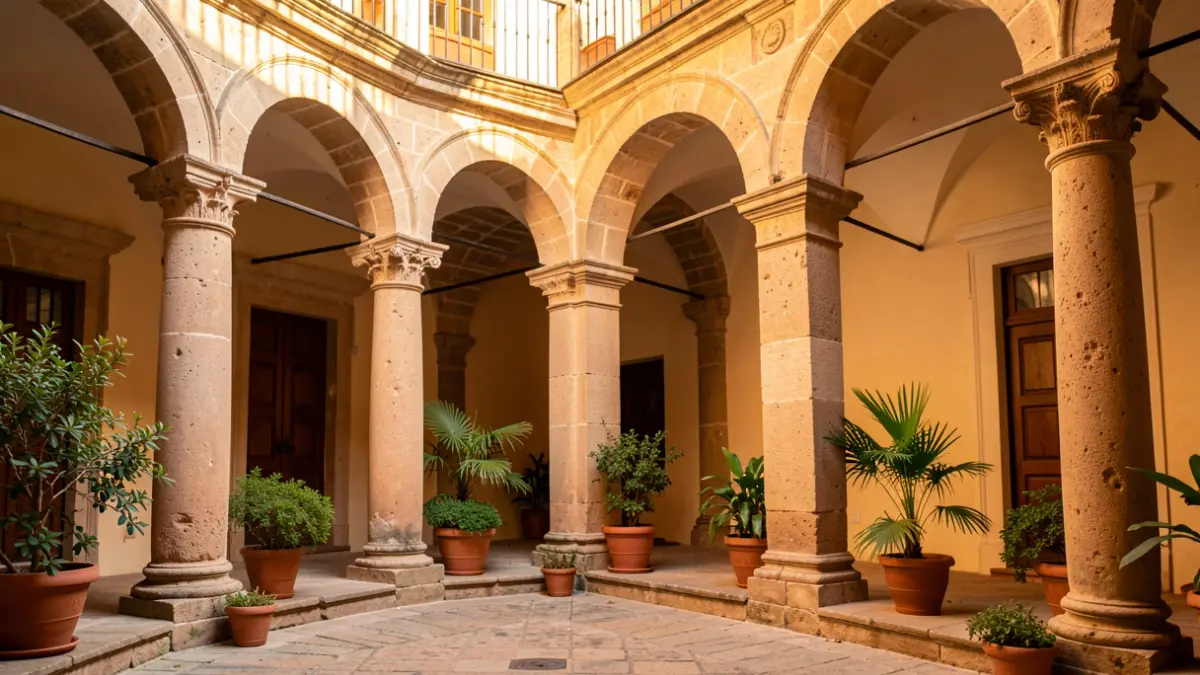 Patios del Palacio de Viana en Córdoba, con columnas de piedra y plantas.