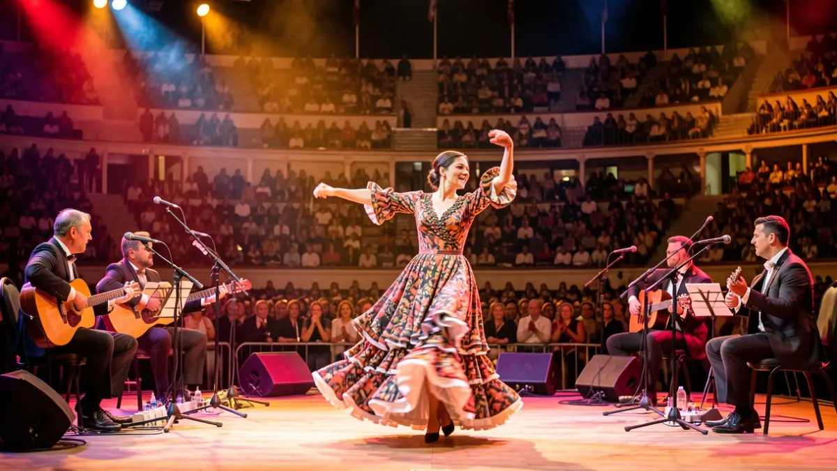 Scene of a flamenco festival with dancers, musicians, and audience.