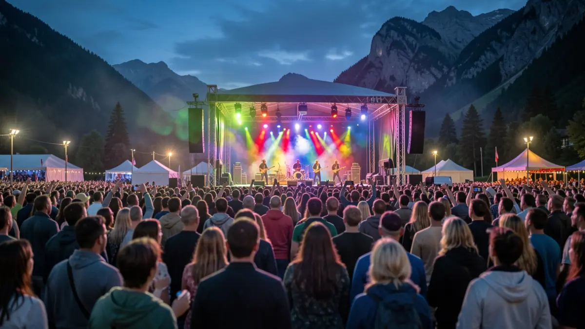 Escena de un festival de música nocturno en un entorno de montaña con luces y público.
