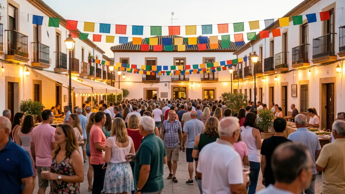 Imagen genérica de una plaza de pueblo andaluz durante unas fiestas de verano con ambiente festivo.