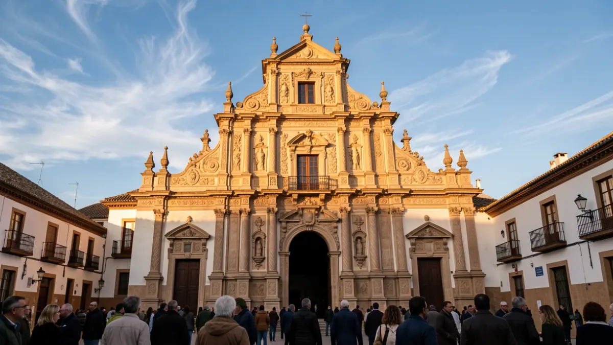 Facade of a traditional Andalusian church with ornate details, bathed in the warm glow of late afternoon sun.