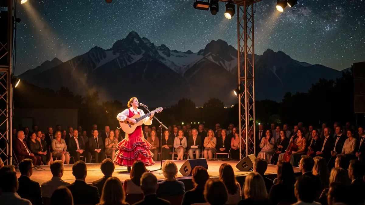 Flamenco performance at the Fondón Festival with a guitarist and singer under the stars and the silhouette of Sierra Nevada.