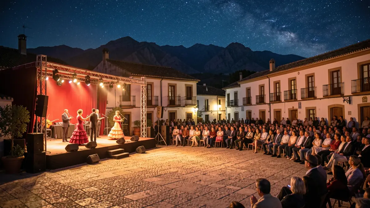 Flamenco stage at night in an Andalusian town square with the Sierra Nevada mountains in the background.