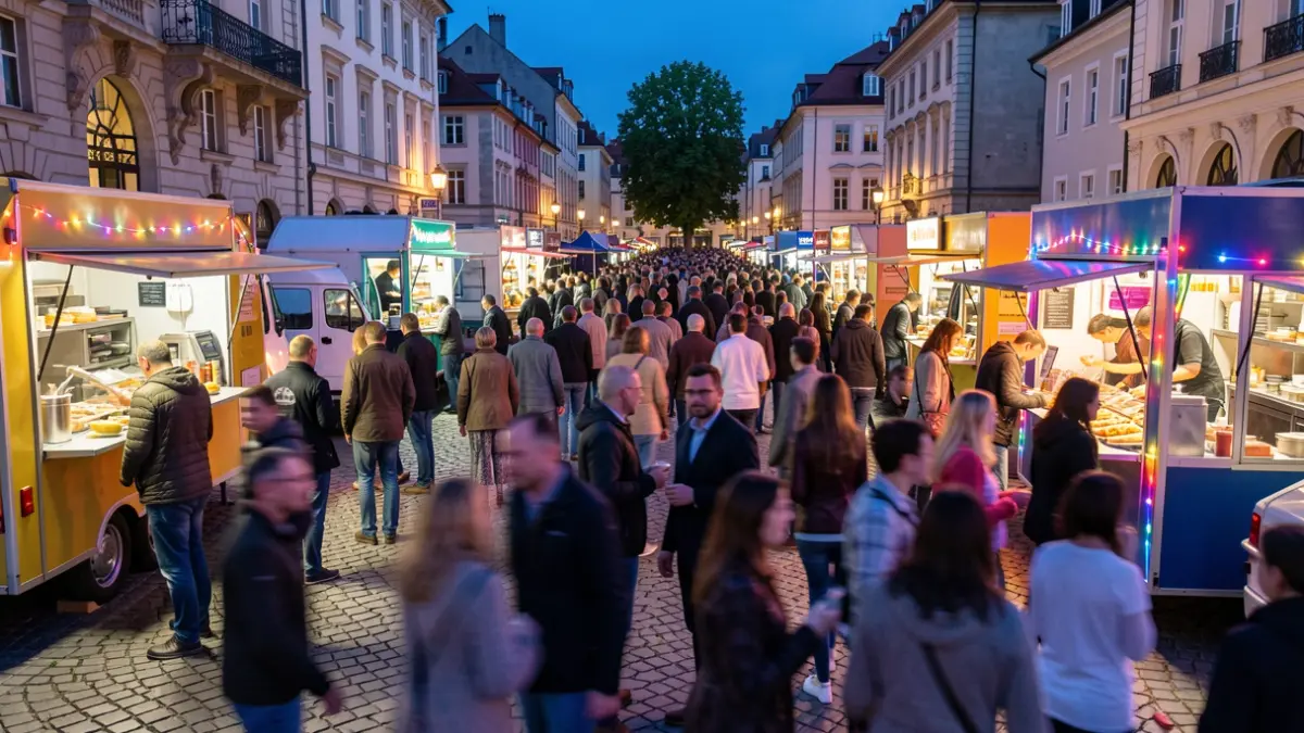 Generic image of a food truck festival with a festive atmosphere.