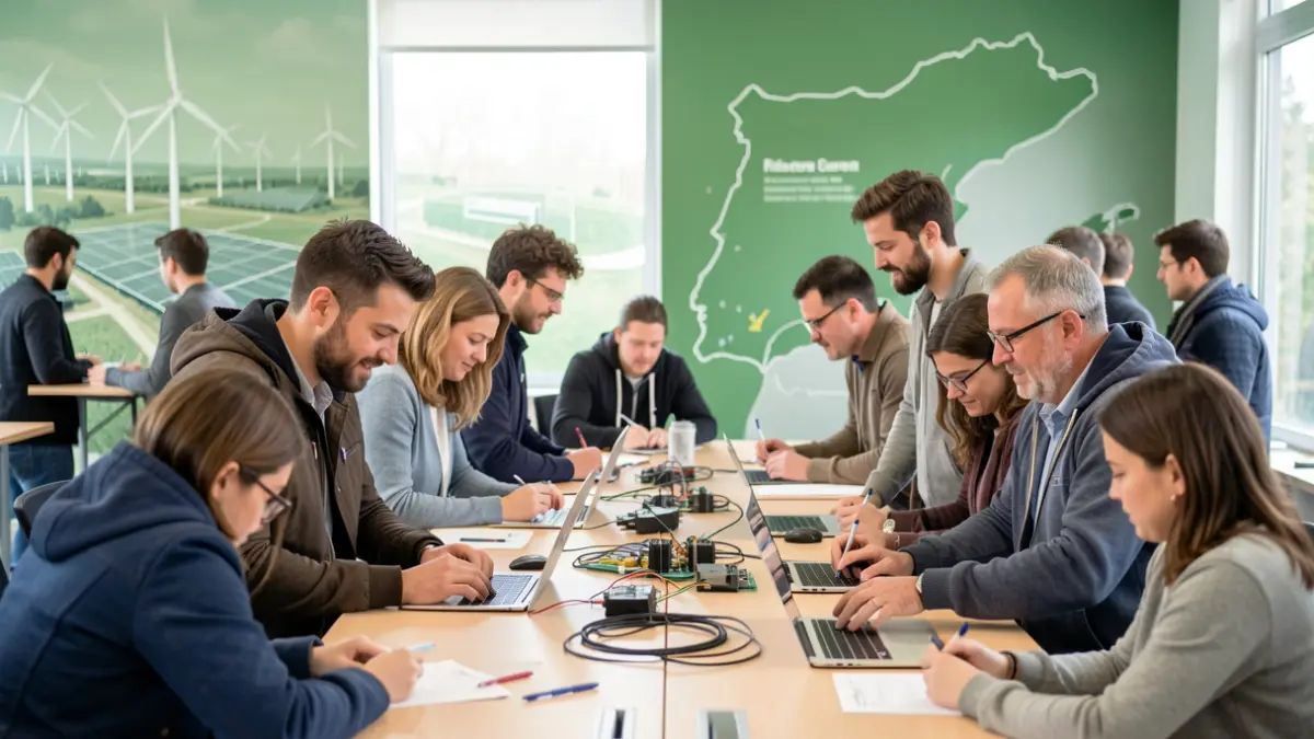 Imagen de personas desempleadas formándose en energías renovables.