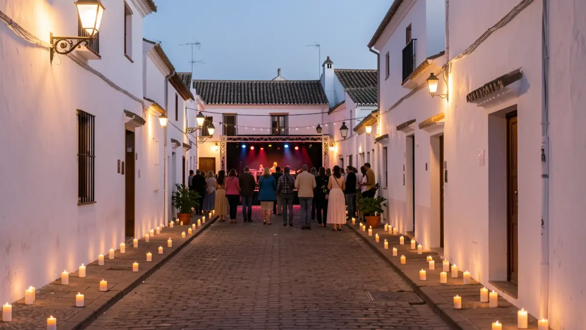 Andalusian white village illuminated by candles during a night festival.