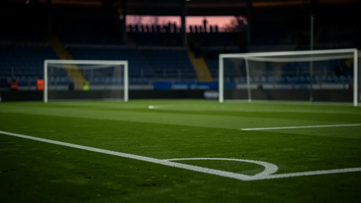 Empty football pitch at dusk.