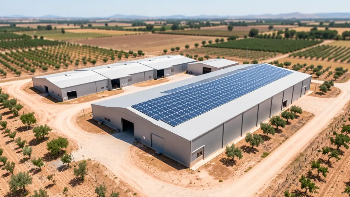 Vista aérea de una granja de pollos moderna con paneles solares en Fuente Obejuna, Córdoba.