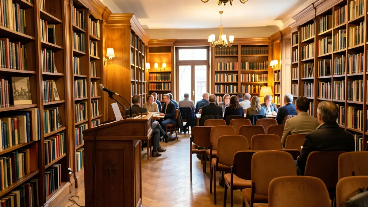 Imagen genérica de una sala de biblioteca con libros y un atril.