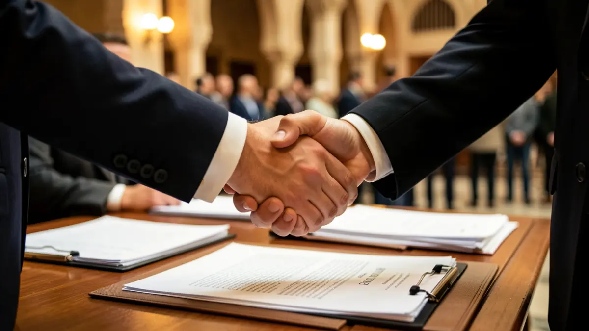 Image of two hands shaking over a desk with legal documents.