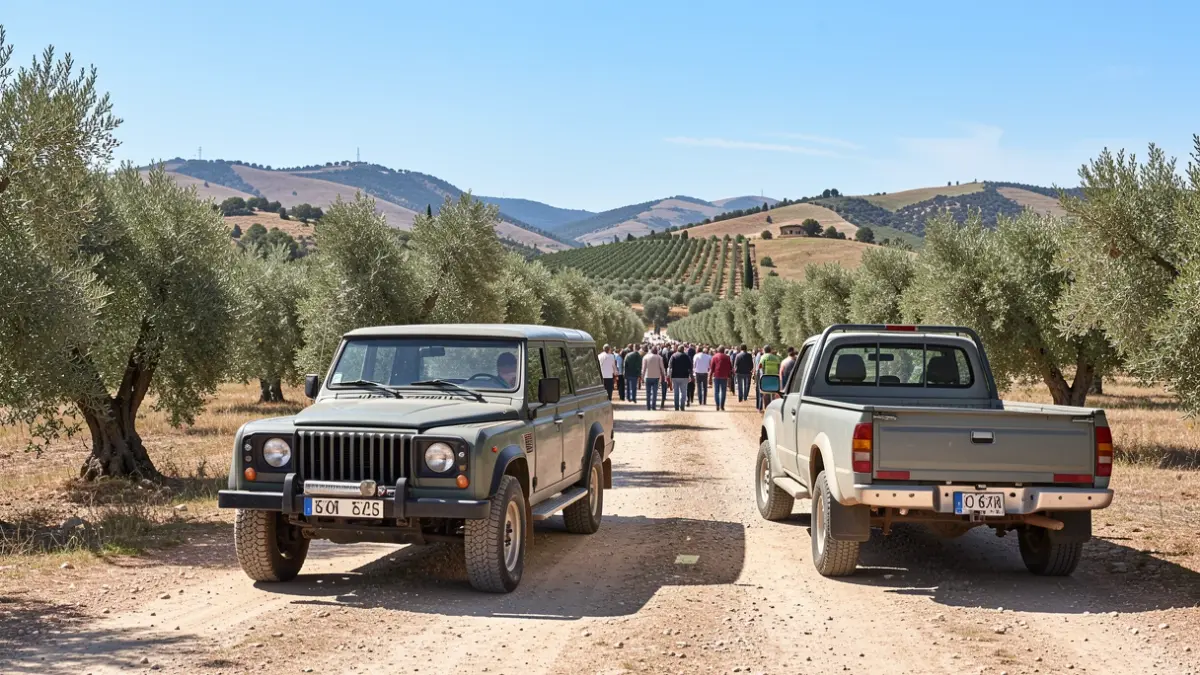 Image of a classic-style SUV and pickup truck in a Spanish landscape.