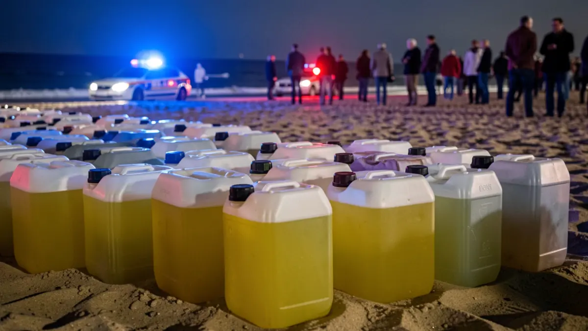 Bidones de combustible incautados por la Policía Nacional en una playa de Rota.