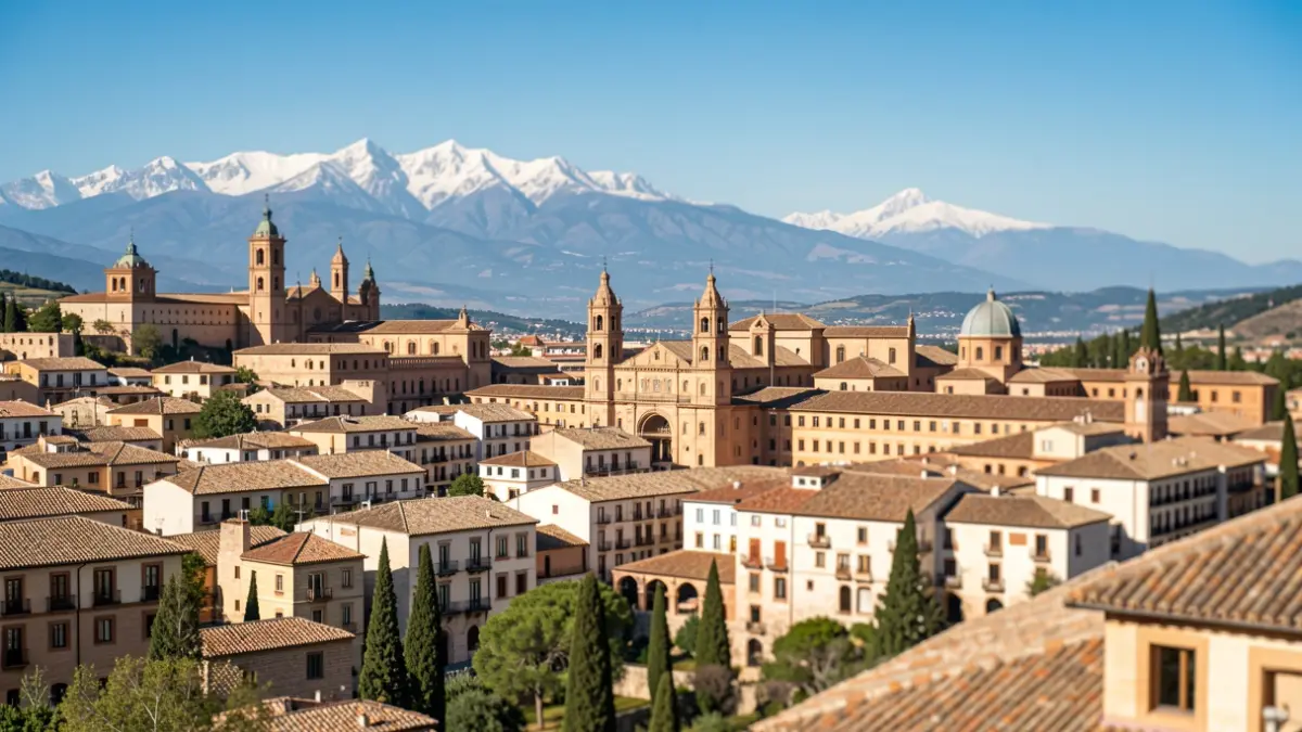 Vista panorámica de Granada con su arquitectura histórica y las montañas de Sierra Nevada.
