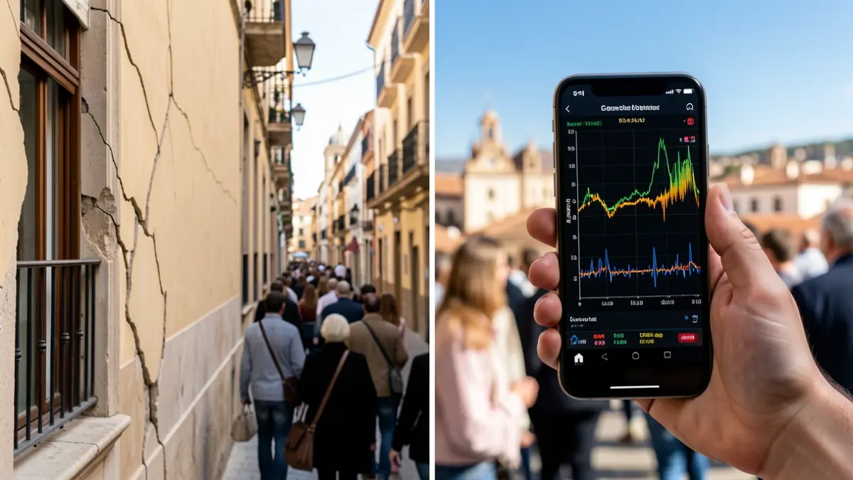 Image of a cracked building and a hand holding a mobile phone showing seismic data in Granada.