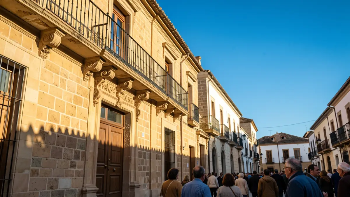 Facade of an Andalusian town hall with a balcony and iron railings, under the afternoon sunlight.