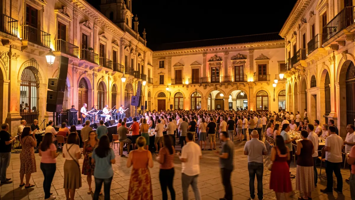 Ambiente nocturno de un festival de música joven en un entorno patrimonial de Granada.