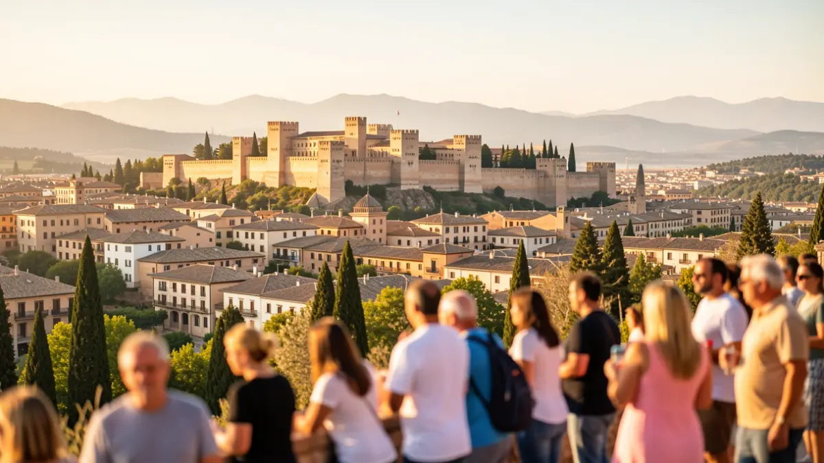 Vista panorámica de la ciudad de Granada con arquitectura icónica y turistas.