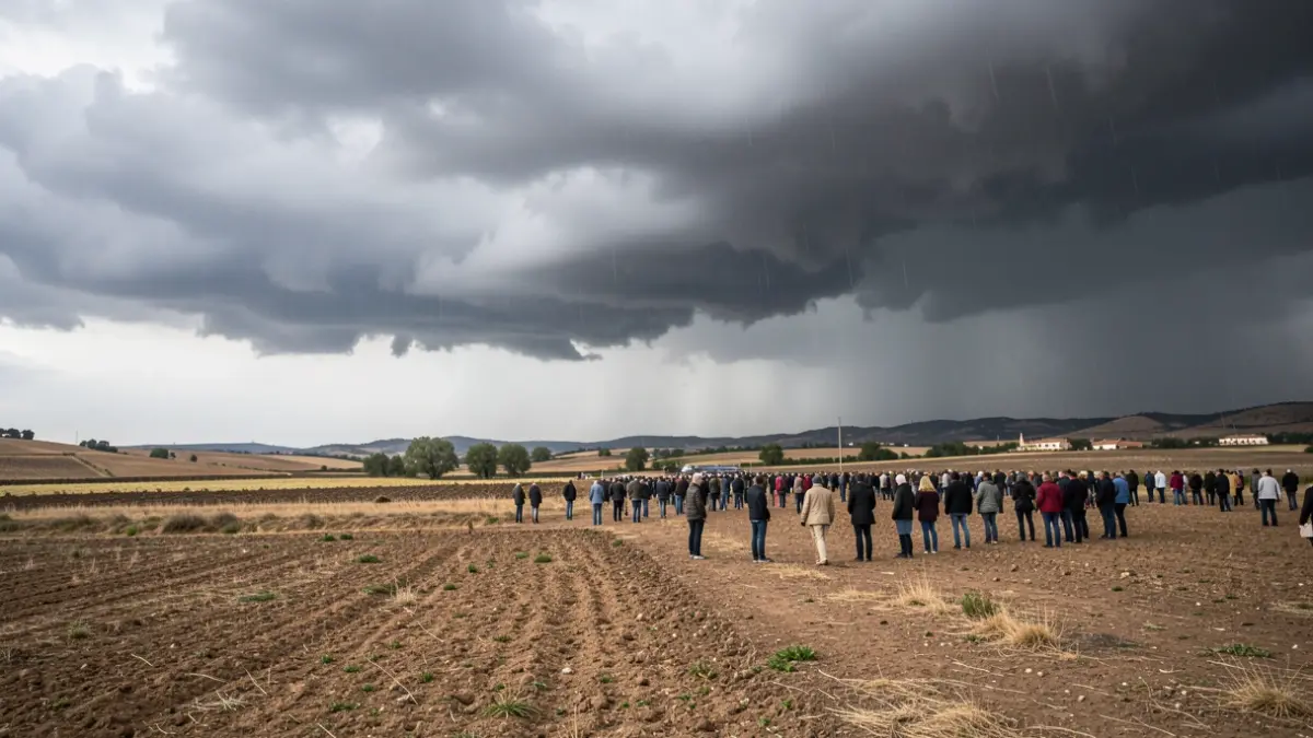 Storm clouds gathering over a rural Andalusian landscape, with hints of rain falling on dry earth.