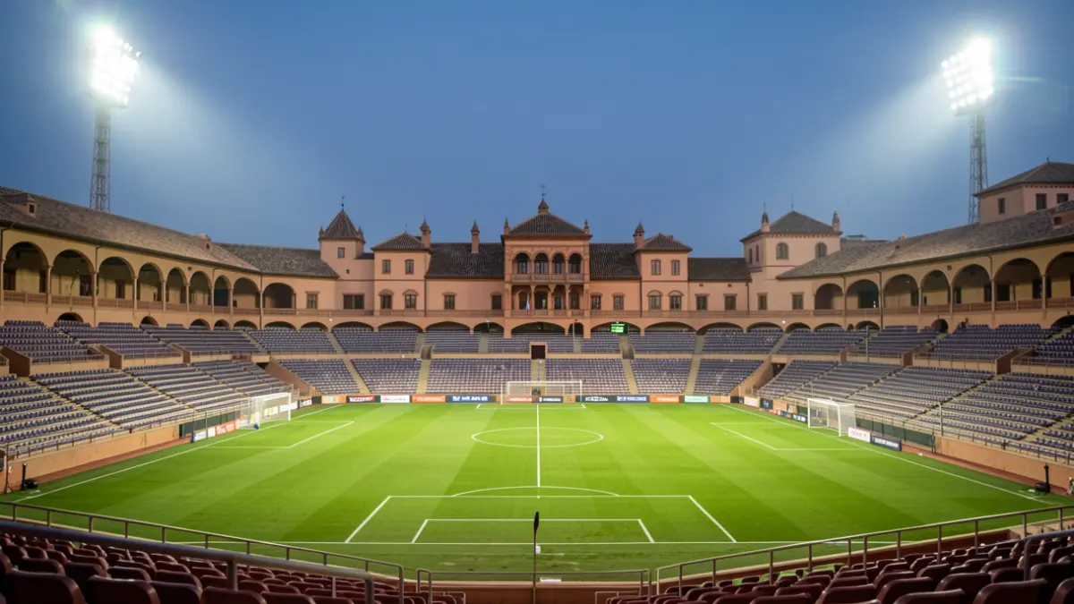 Imagen genérica de un estadio de fútbol andaluz al atardecer.
