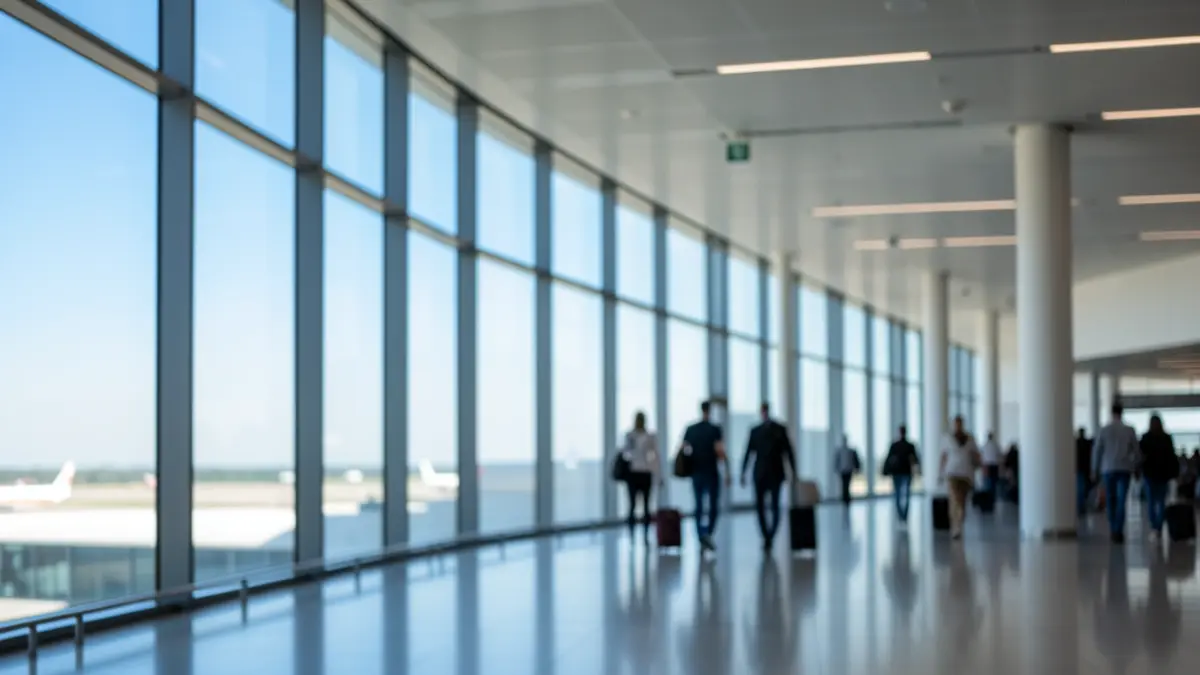 Imagen genérica de un interior de aeropuerto moderno con grandes ventanales y cielo azul.