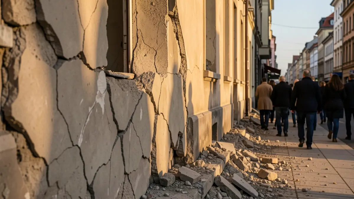 Damaged building facade with debris on the ground after earthquakes.
