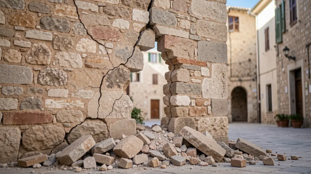 Pared de piedra agrietada en una plaza de pueblo andaluz tras un terremoto.