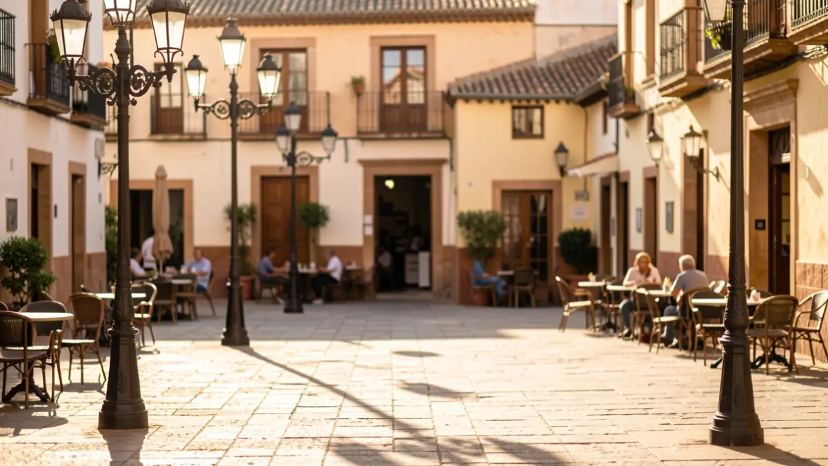 Andalusian town square with streetlamps and cafe chairs in the afternoon sun.