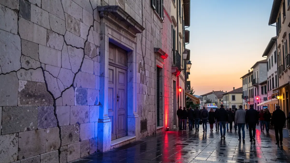 Cracked facade of a building in a Mediterranean city at dawn, with blue and red emergency lights reflecting on the wet pavement.